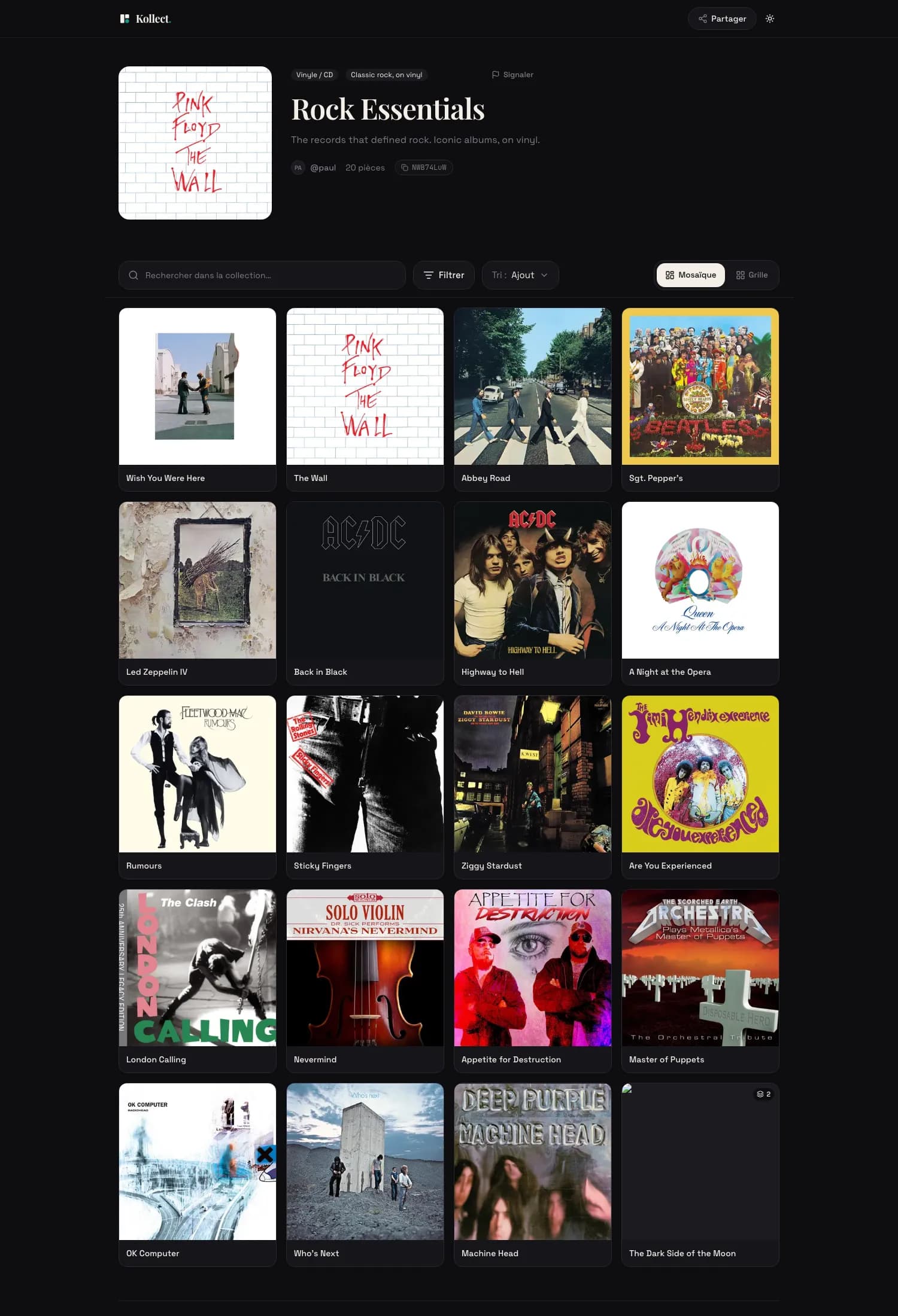 A Kollect collection's web page