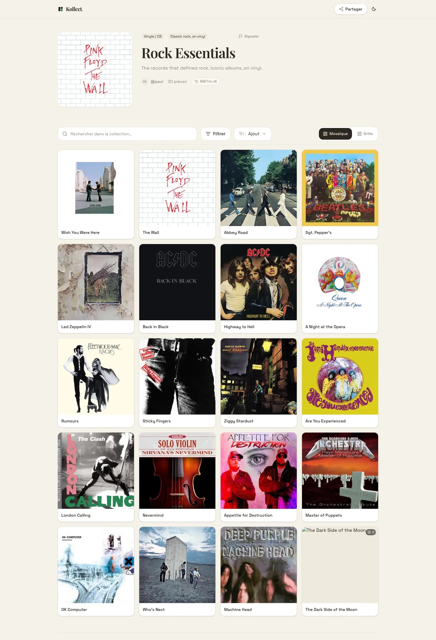 A Kollect collection's web page