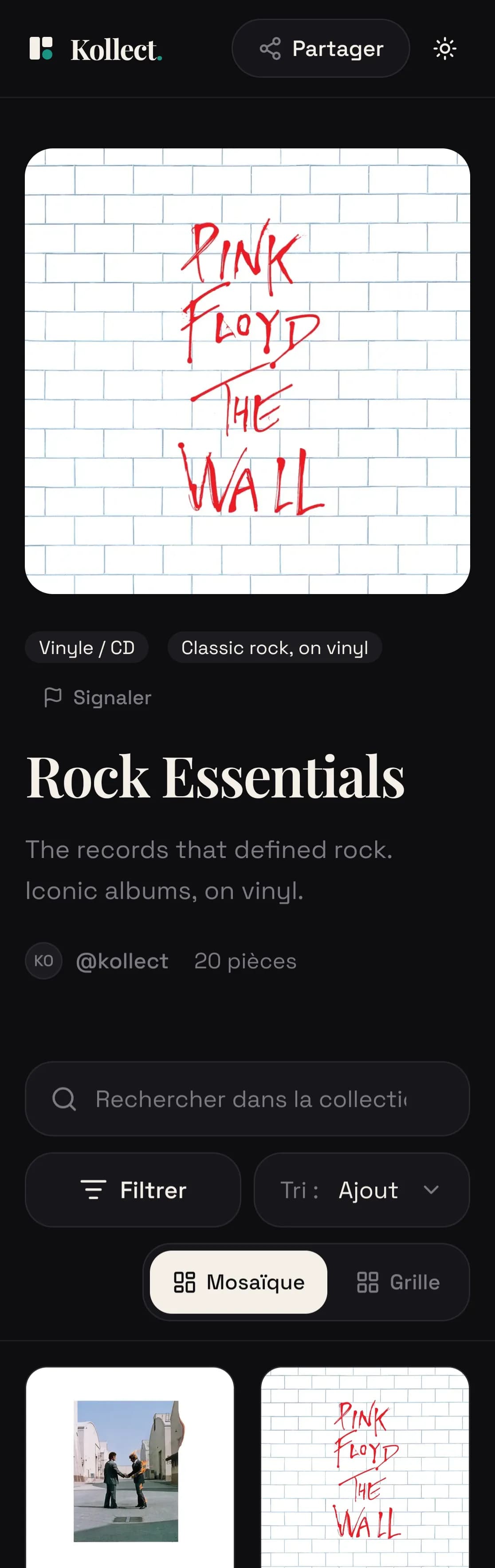 A Kollect collection's web page