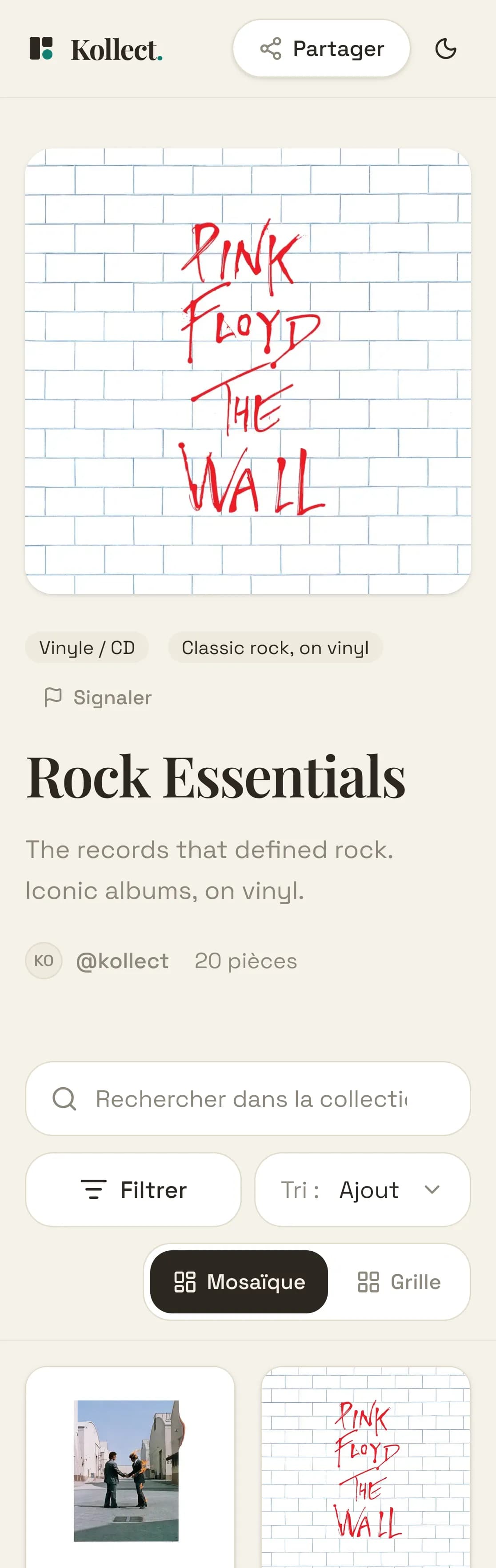A Kollect collection's web page