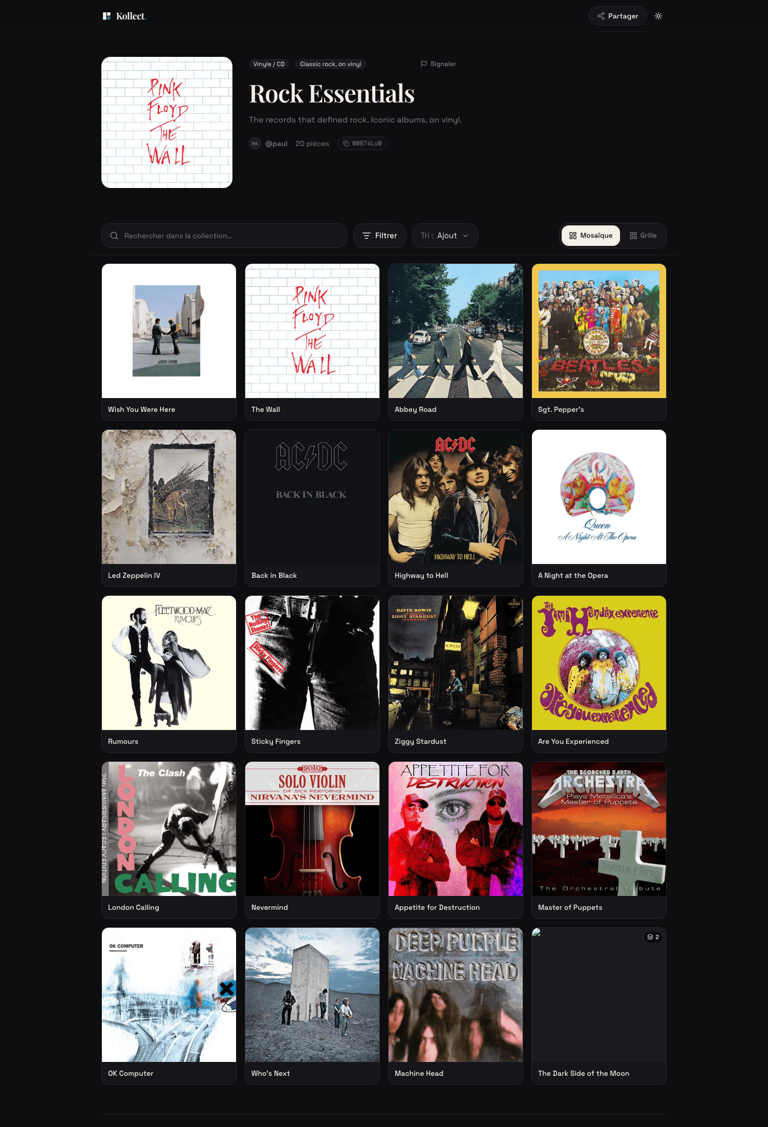 La page web d'une collection Kollect