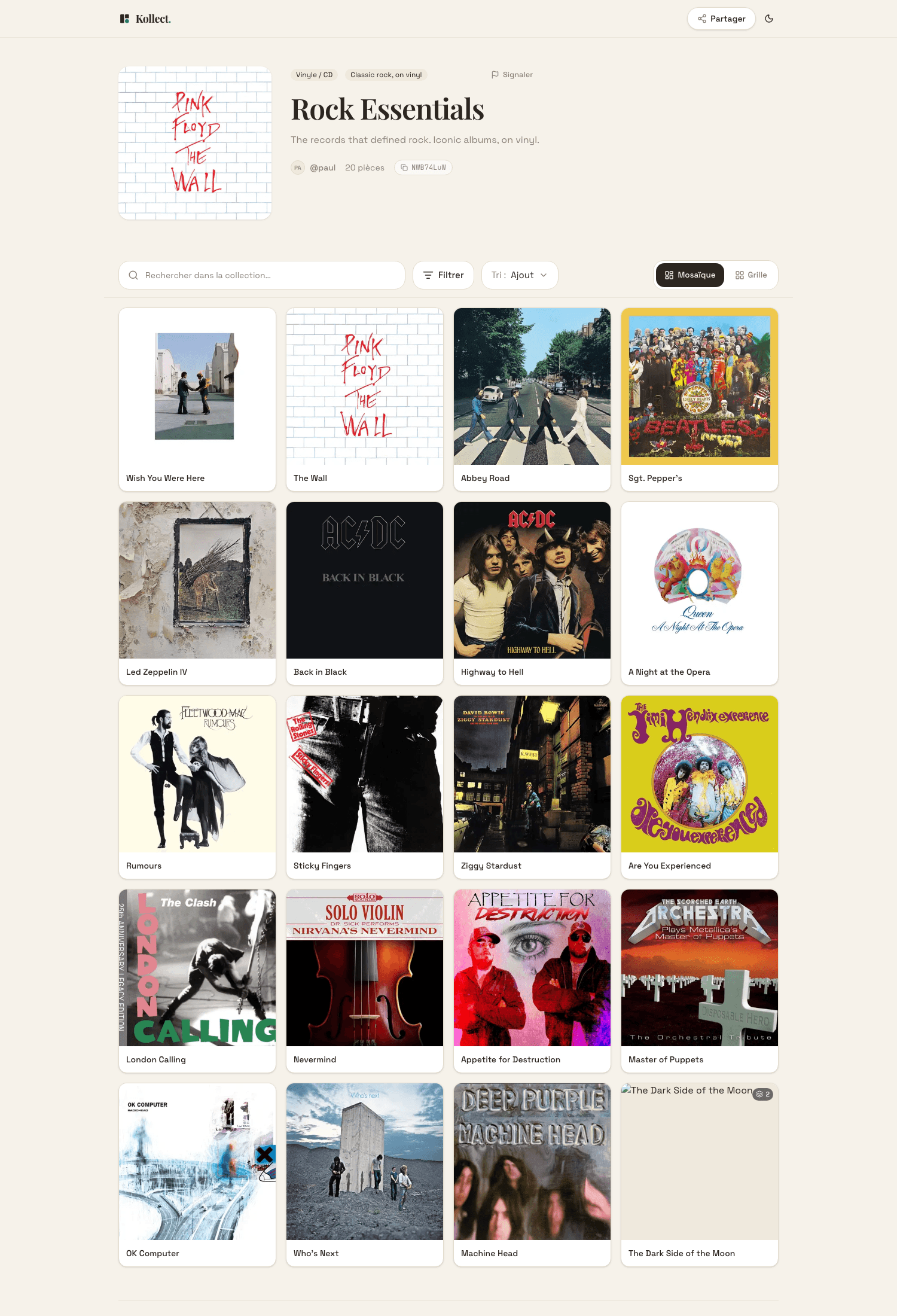 La page web d'une collection Kollect
