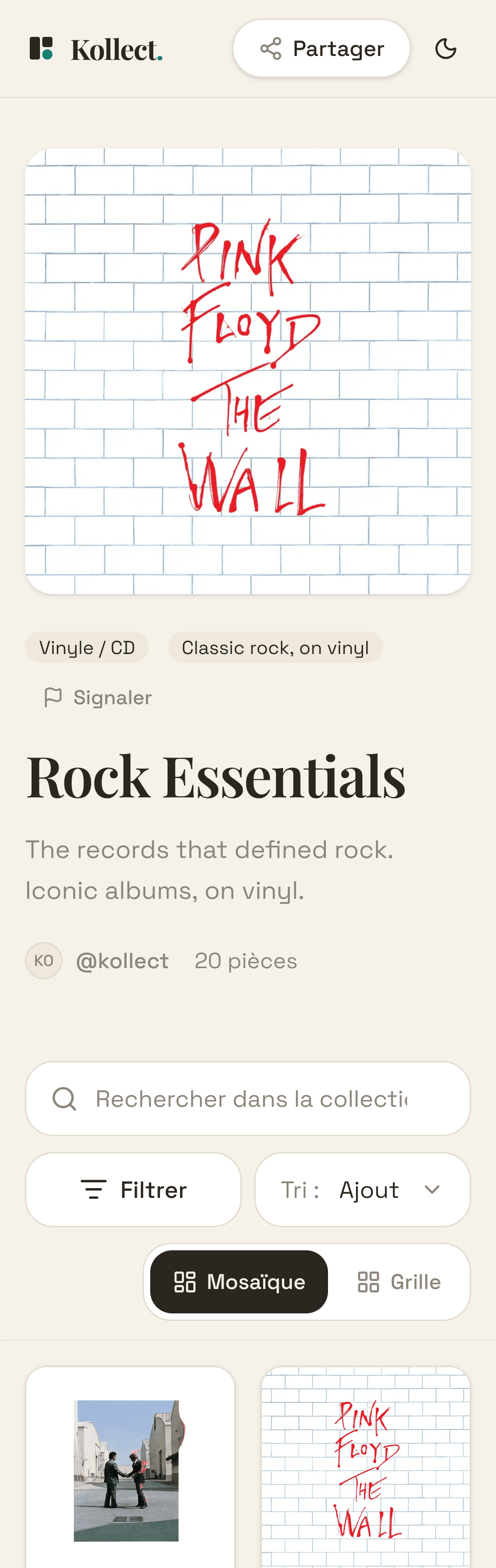 A Kollect collection's web page